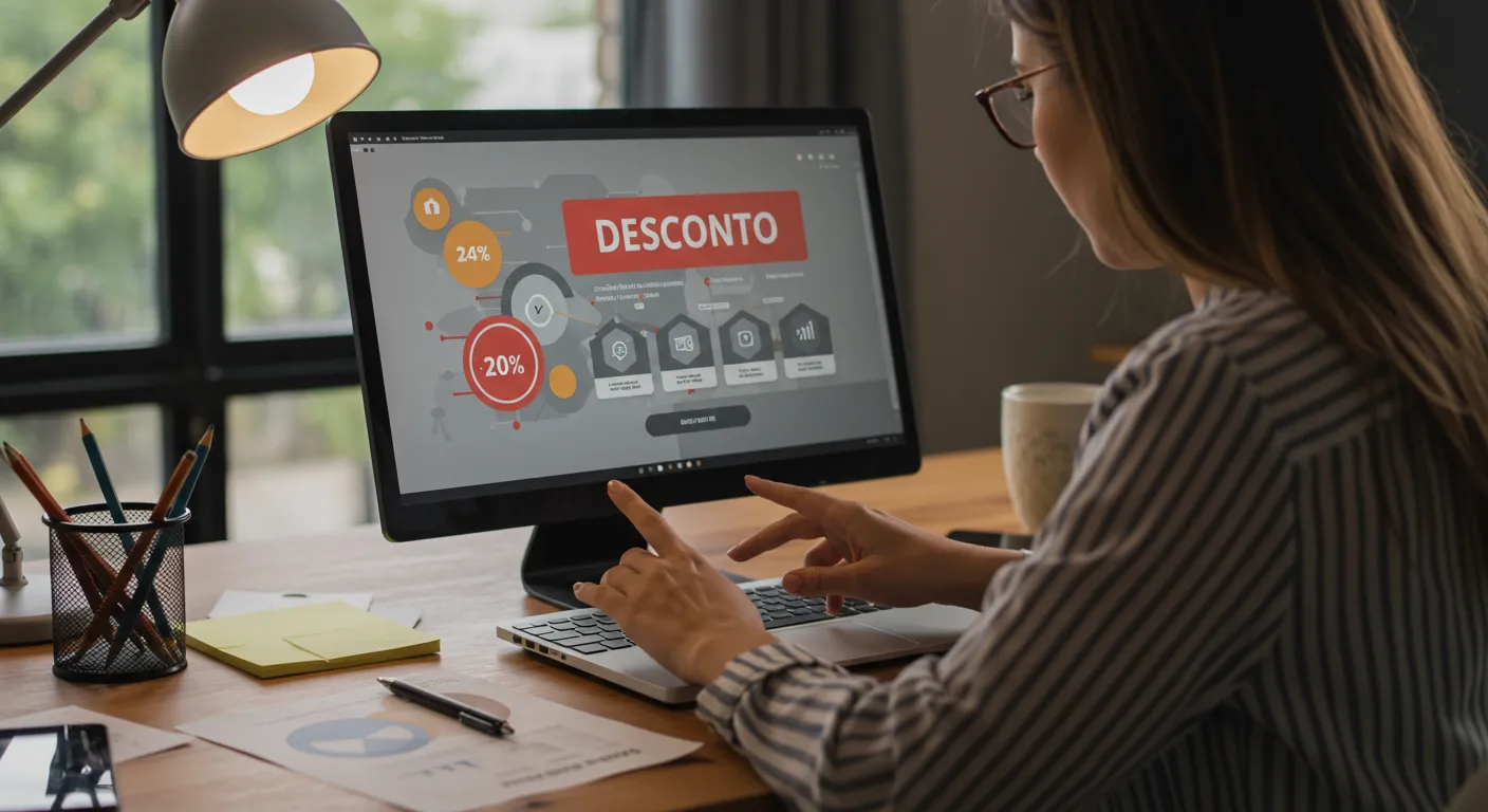 Pessoa negociando dívidas online com símbolos de desconto