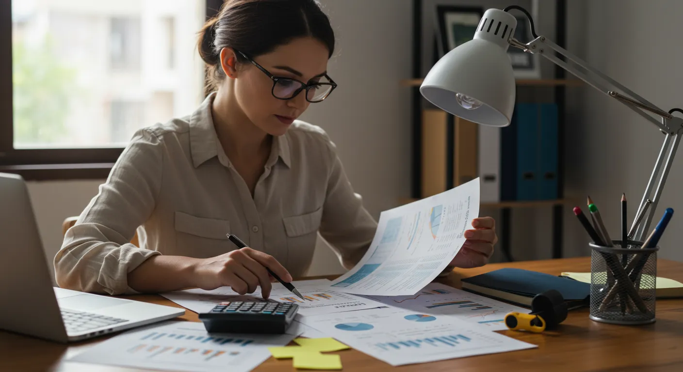 Pessoa organizando planejamento financeiro com documentos e calculadora