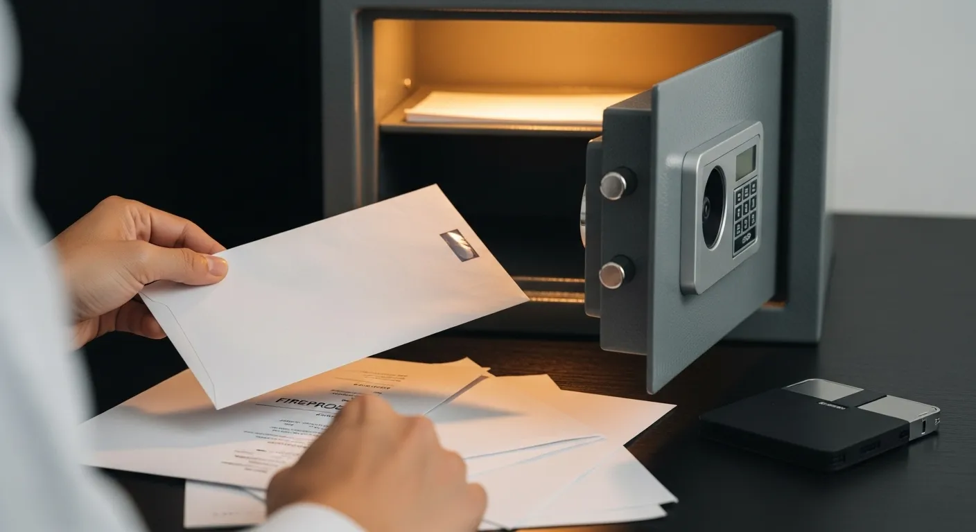 Pessoa armazenando frase de recuperação de criptomoedas em cofre seguro com papel resistente ao fogo