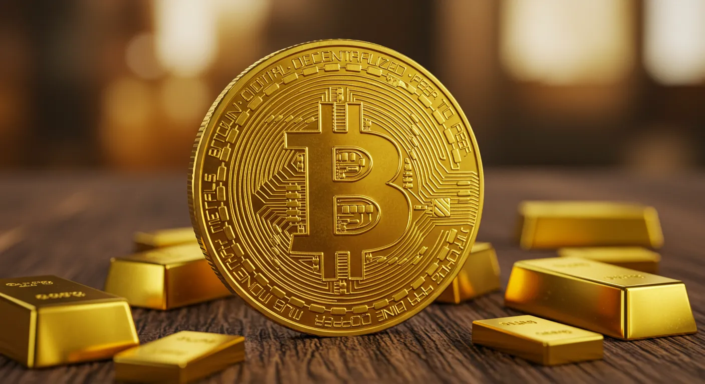 Bitcoin representado como ouro digital com elementos de escassez e valor