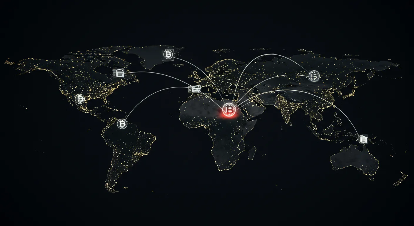 Ilustração de uma transação global usando Bitcoin, com ícones de envio digital e mapa mundi ao fundo