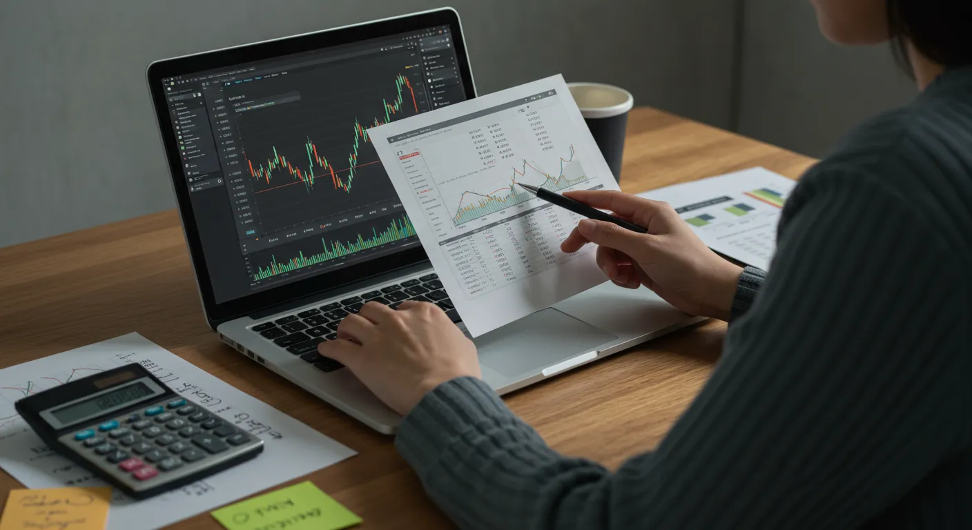 Pessoa calculando imposto sobre criptomoedas com planilha e tela de notebook com gráfico de lucros