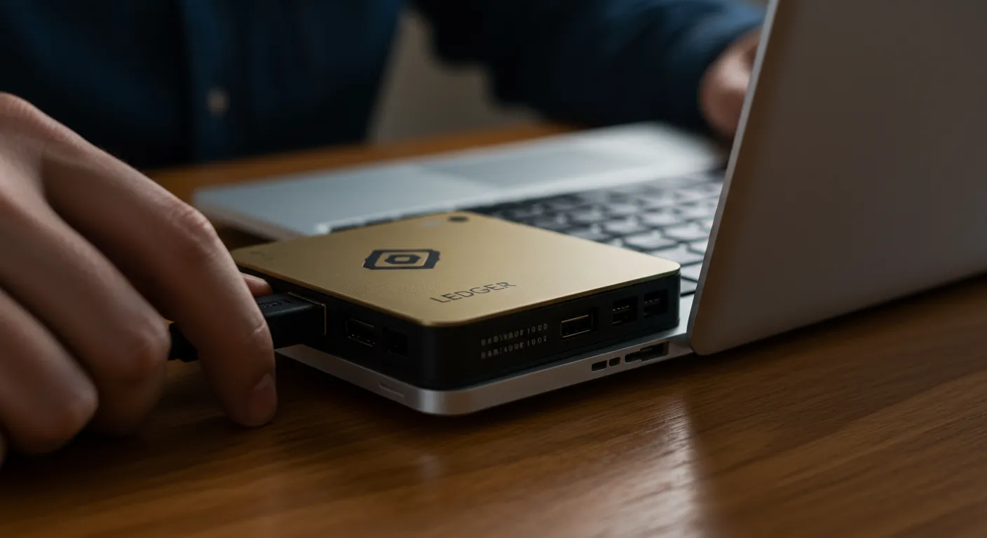 Carteira de hardware para criptomoedas semelhante a um pen drive conectada a um notebook