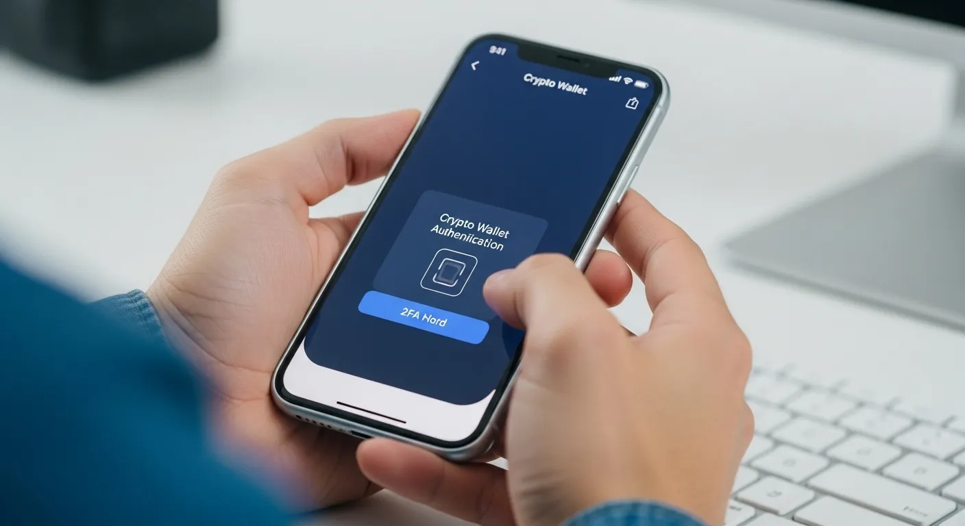 Pessoa usando aplicativo de carteira cripto em smartphone com autenticação de dois fatores ativada