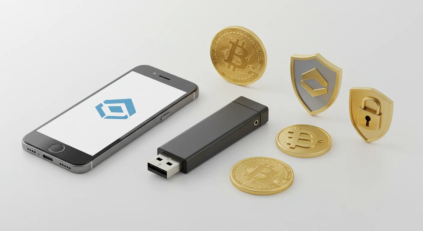 Carteiras digitais de criptomoedas representadas por ícones de segurança, celular, hardware wallet e nuvem