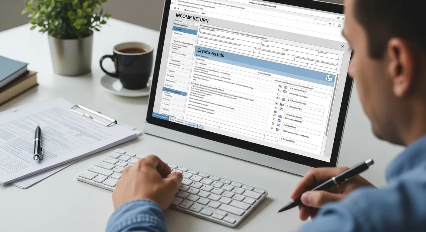 Pessoa preenchendo declaração de imposto de renda com foco na seção de criptoativos