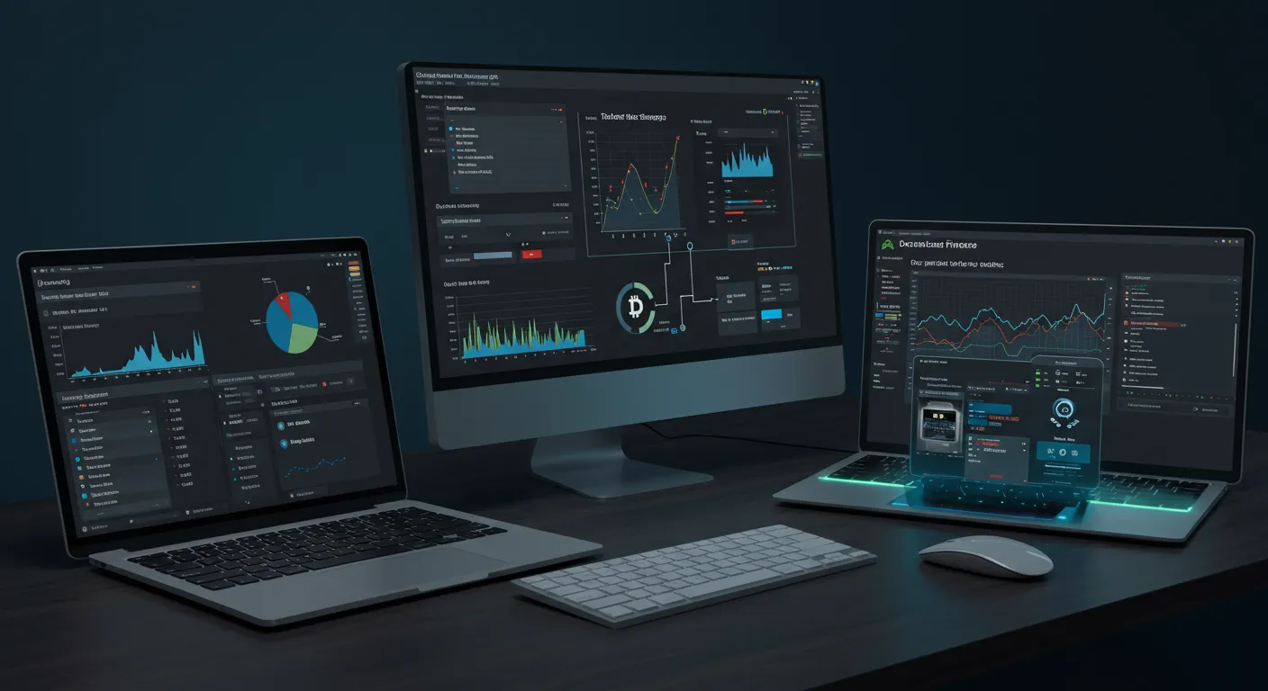 Plataformas DeFi mostrando gráficos de empréstimos, trocas de tokens e pools de liquidez em ambiente descentralizado
