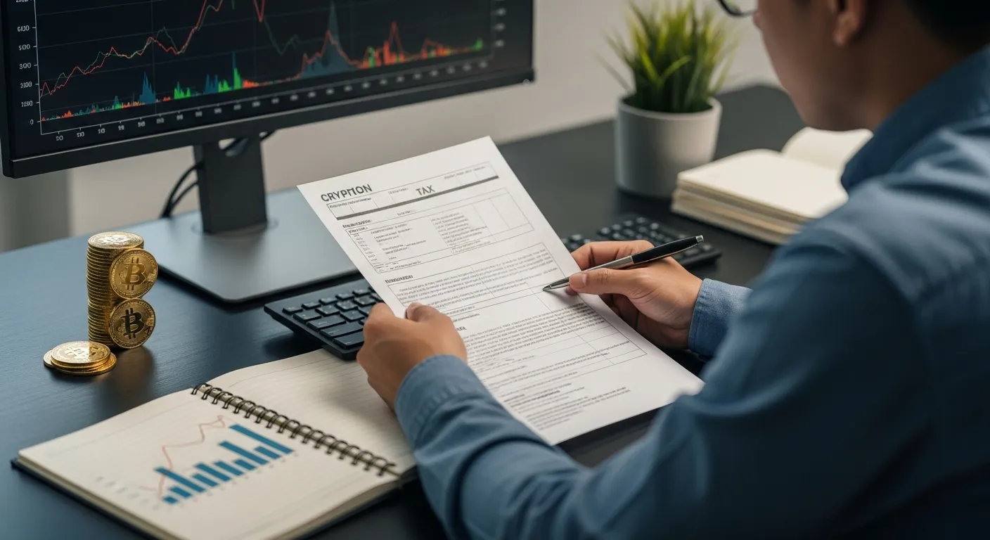 Investidor atento analisando gráficos e documentos fiscais de criptomoedas