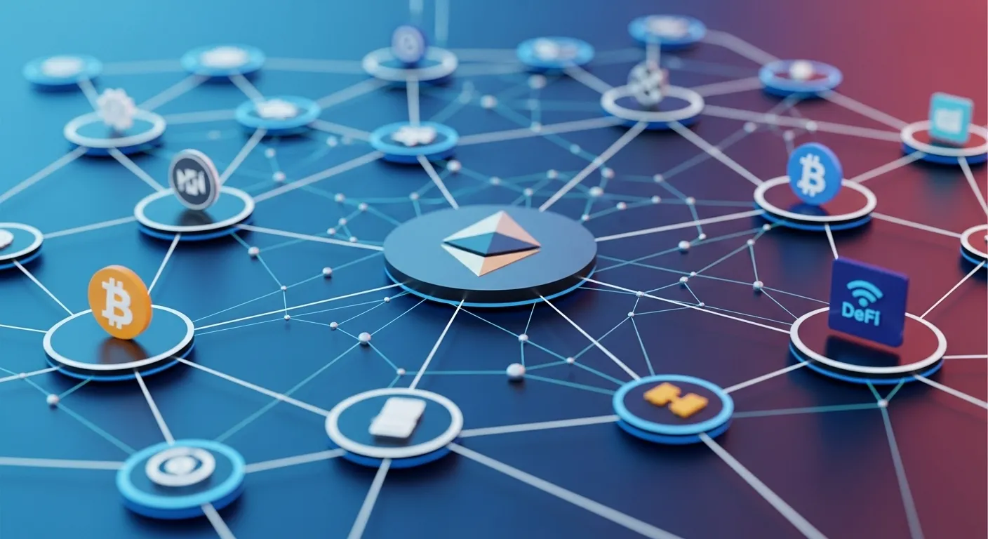 Imagem conceitual do Ethereum como base para aplicativos DeFi e contratos inteligentes com ícones conectados em rede