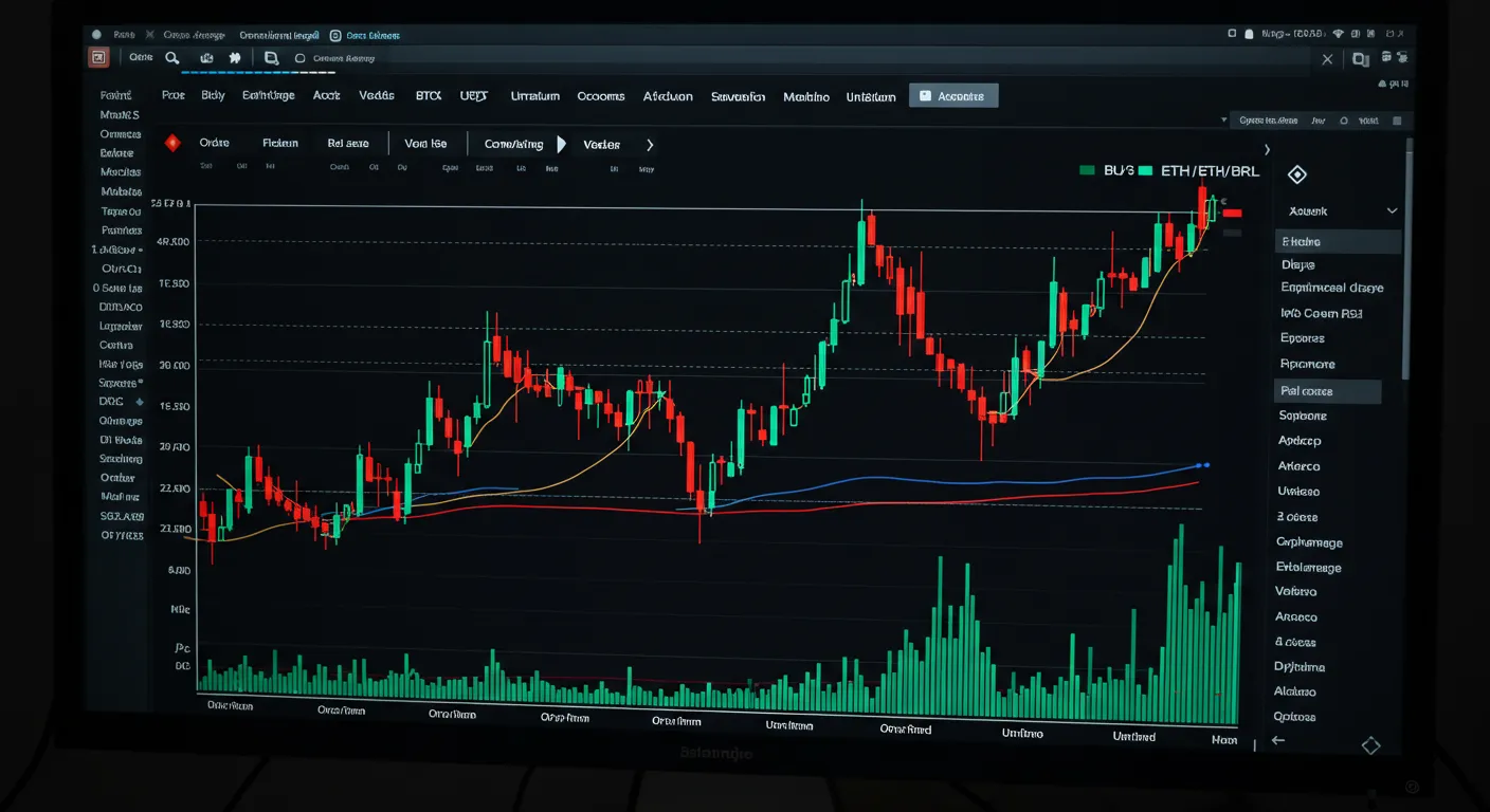 Interface de uma exchange de criptomoedas exibindo gráficos e pares de moedas digitais