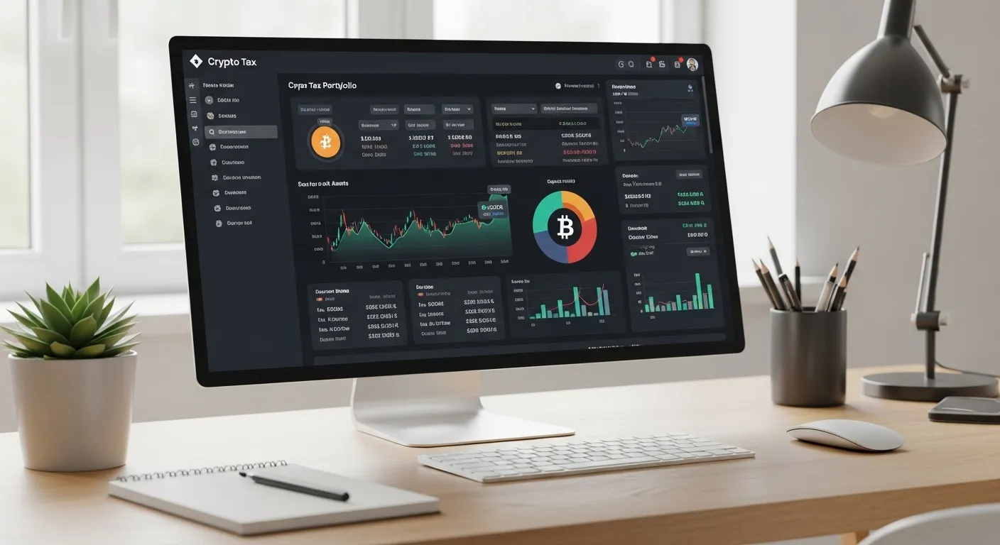 Tela de computador com software de declaração de criptomoedas aberto e gráficos financeiros