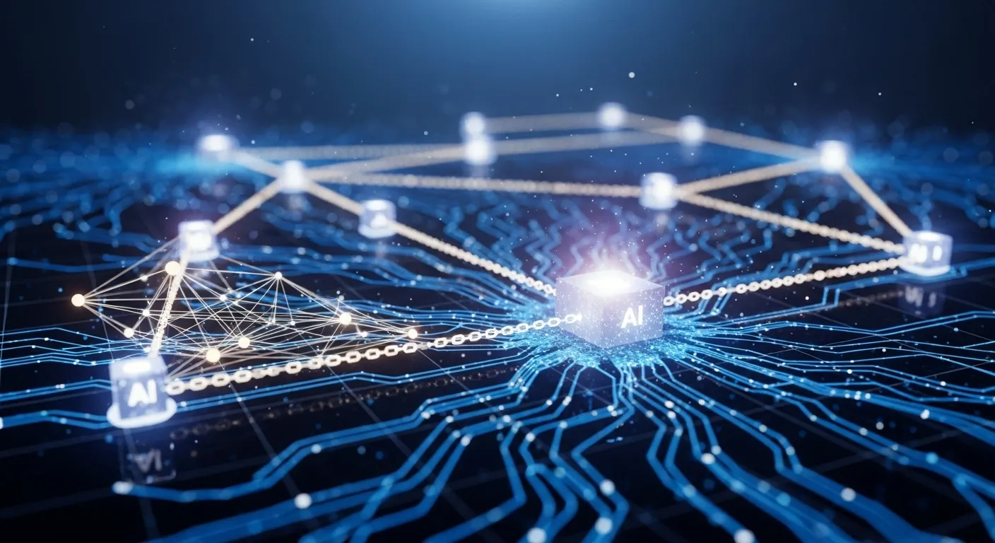 Representação futurista de blockchain e inteligência artificial interconectadas em rede digital