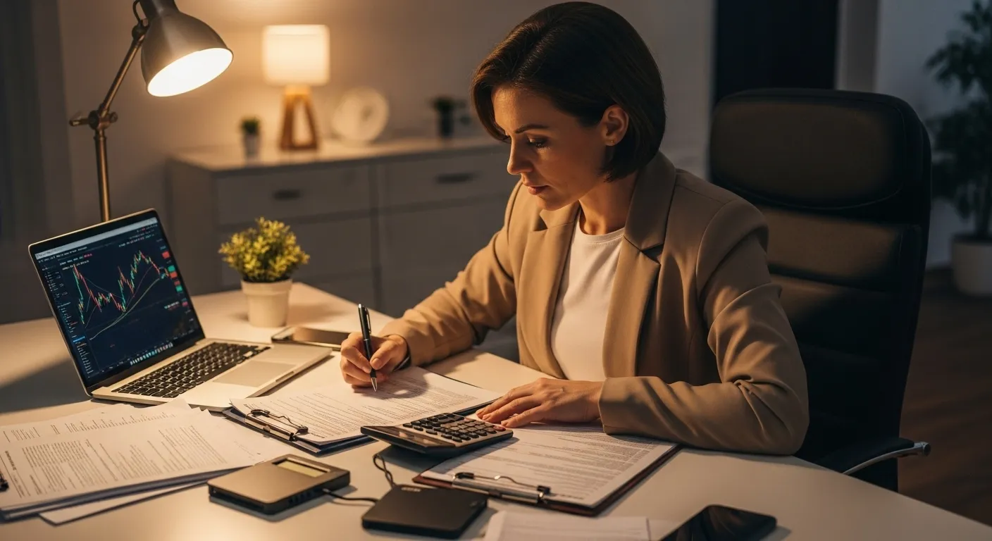 Investidor organizando documentos fiscais e medidas de segurança para criptomoedas