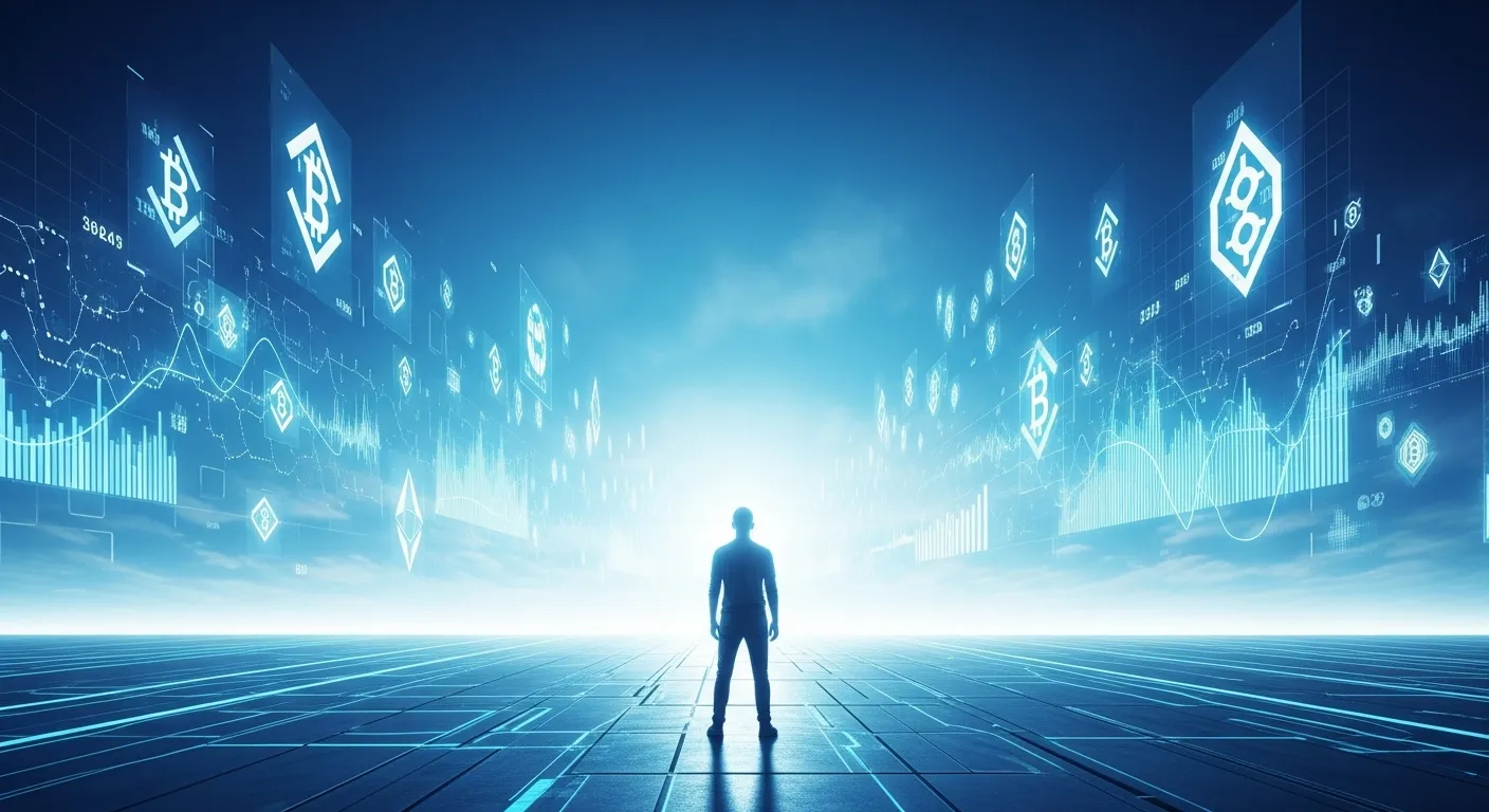 Pessoa olhando para um horizonte digital com gráficos de criptomoedas e tecnologia blockchain, simbolizando o futuro financeiro