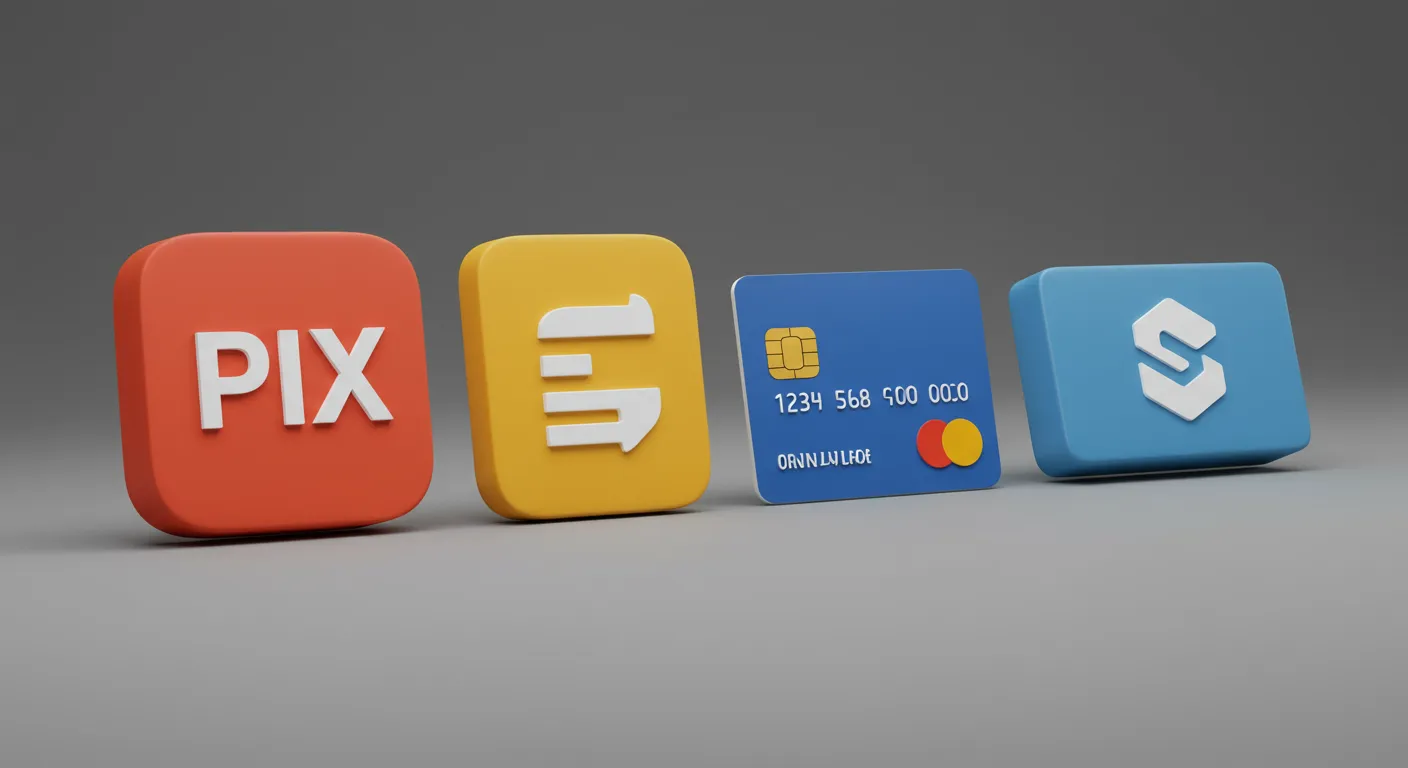 Ilustração de opções de pagamento no Brasil como PIX, cartão e boleto para compra de criptomoedas