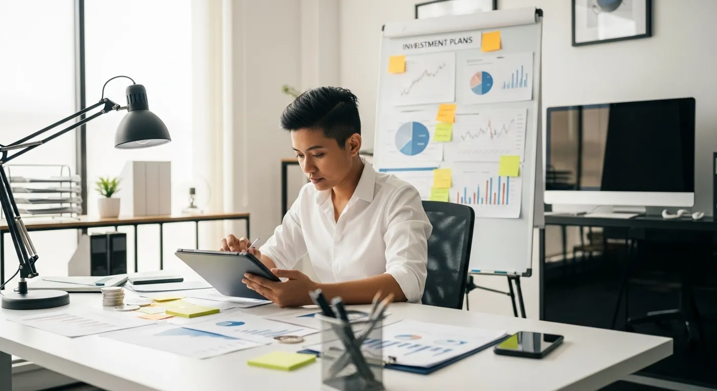 Pessoa analisando gráficos financeiros e planejamento com foco em investimentos em criptomoedas