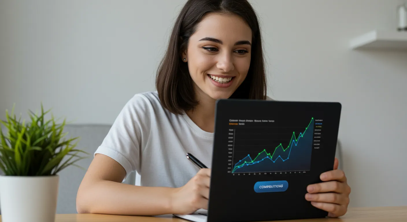 Pessoa feliz usando notebook para fazer sua primeira compra de criptomoedas em uma exchange online