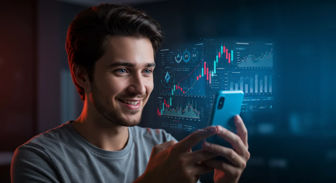 Pessoa feliz olhando para a tela do celular após comprar criptomoedas pela primeira vez, com gráficos coloridos ao fundo