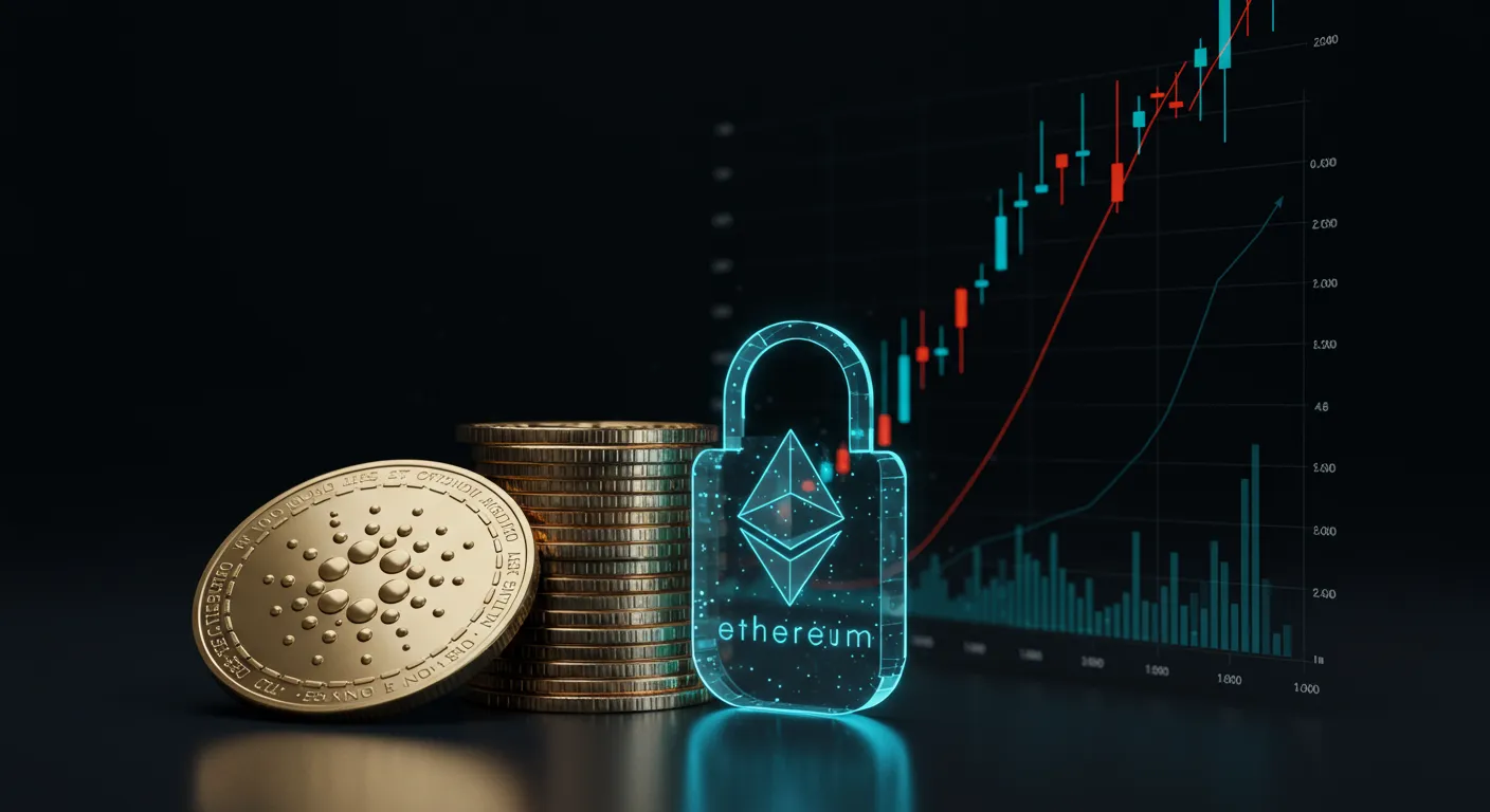 Representação de criptomoedas em staking com cadeado e rendimento percentual