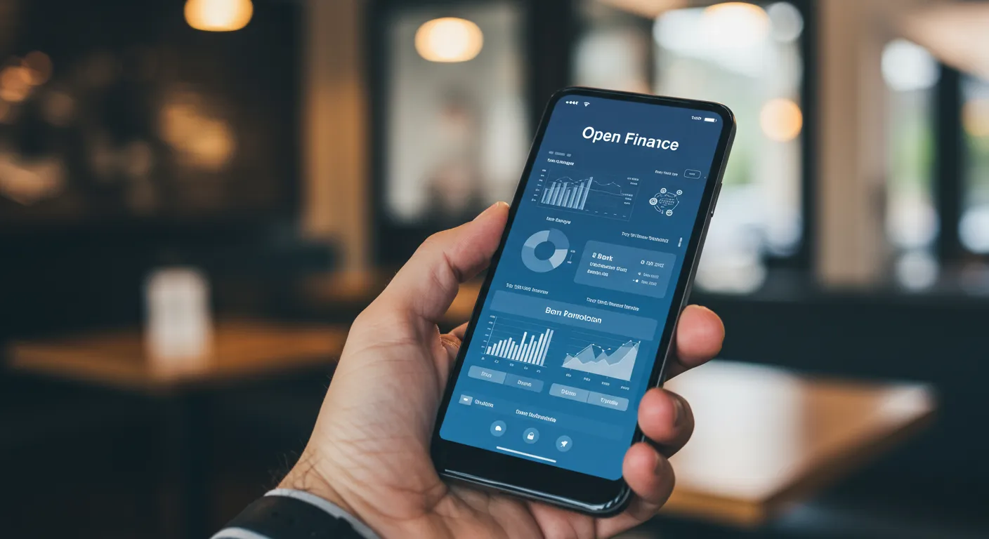 Aplicativo de fintech exibindo dados financeiros em um smartphone