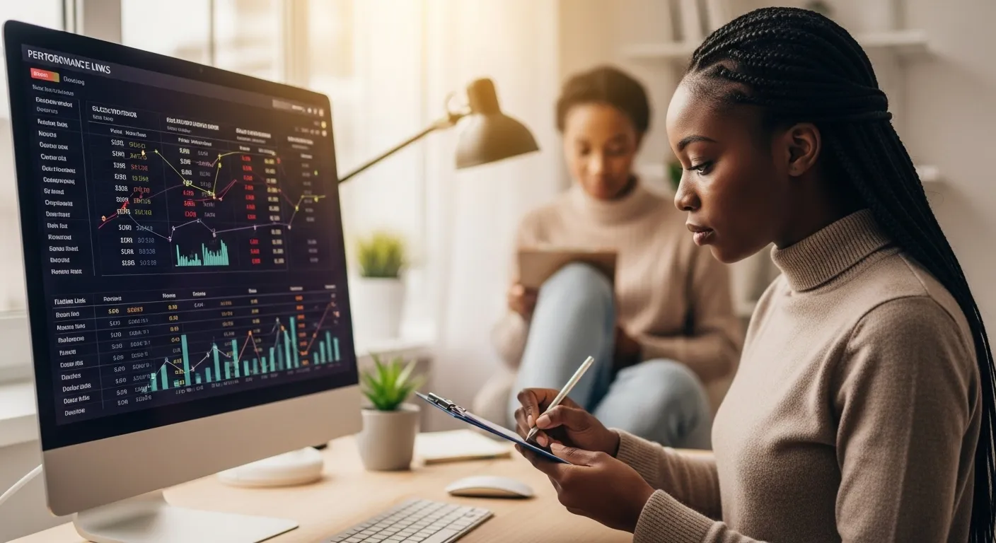Pessoa analisando desempenho e conversões em painel de afiliados