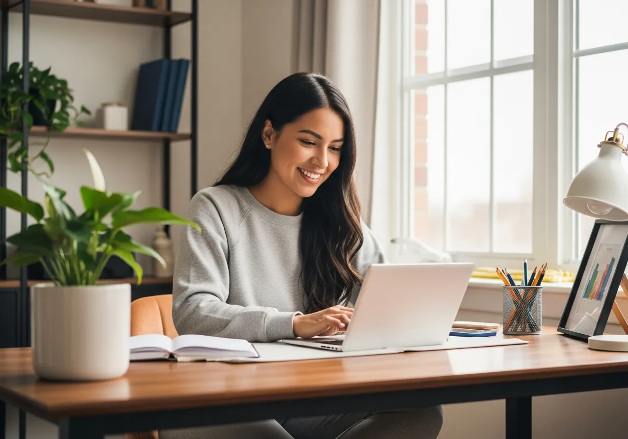 Mulher sorrindo usando notebook em casa para gerar renda extra