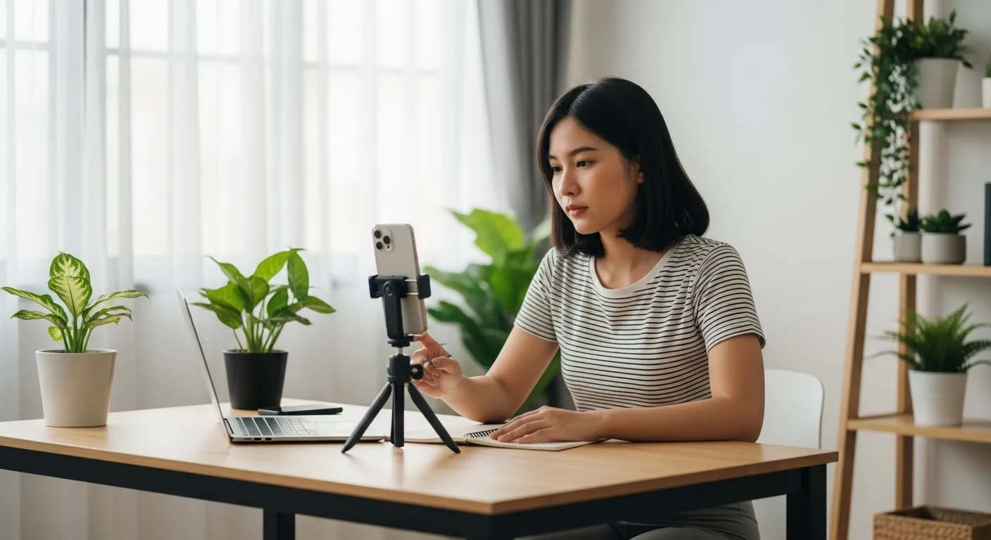 Pessoa em casa criando conteúdo digital para divulgar produtos como afiliado