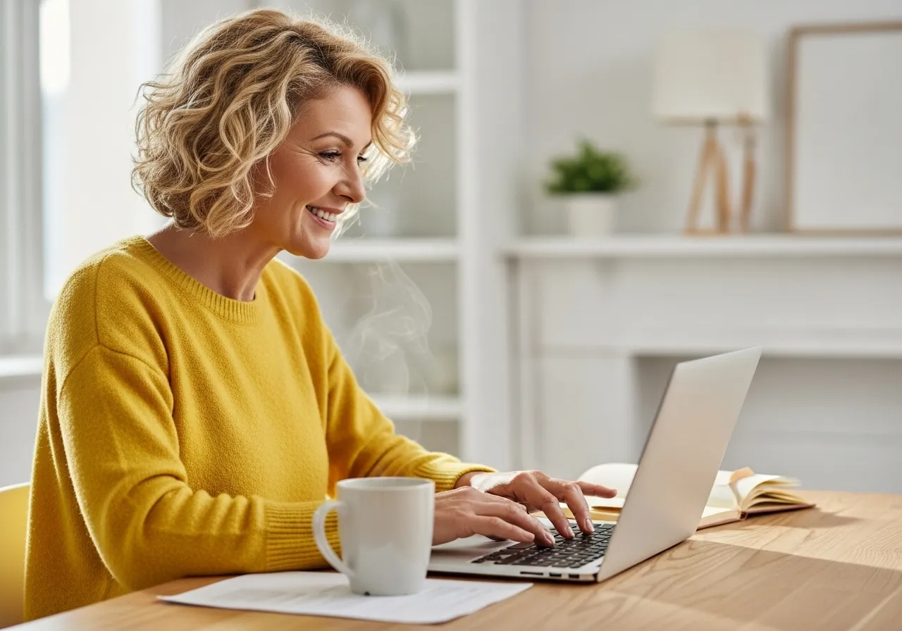 Pessoa feliz trabalhando de casa com notebook