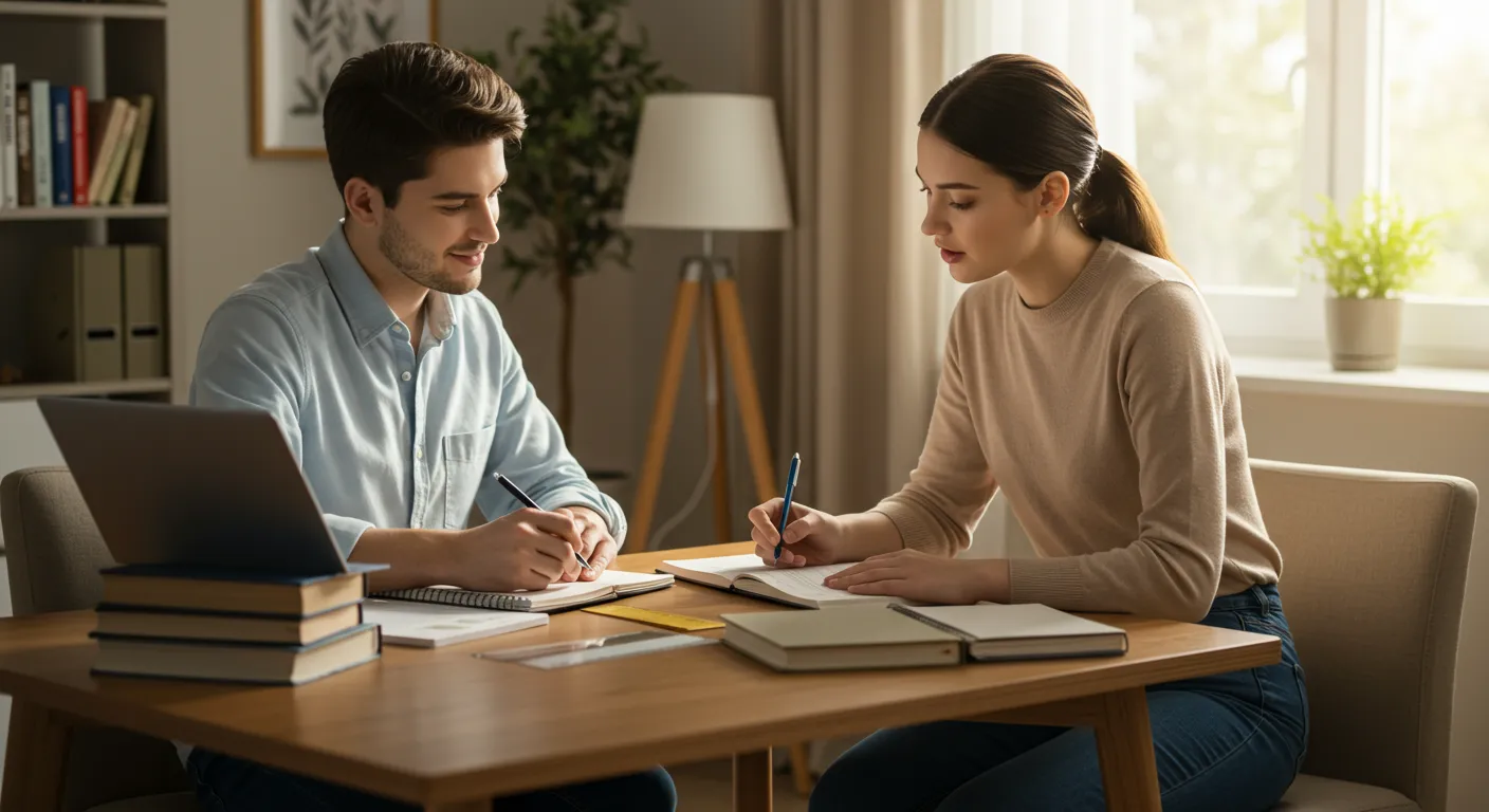 Pessoa dando aula particular em casa com materiais de apoio