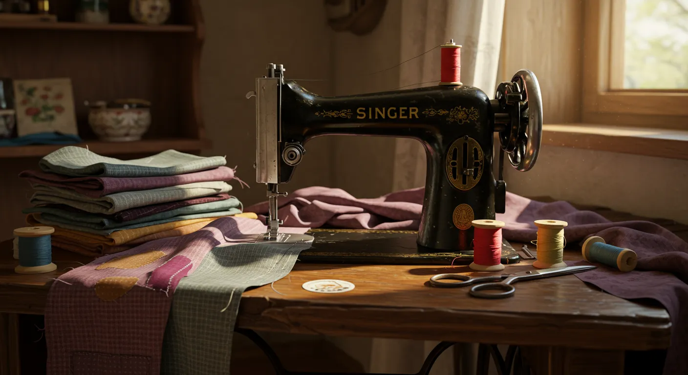 Máquina de costura com peças de roupa para conserto