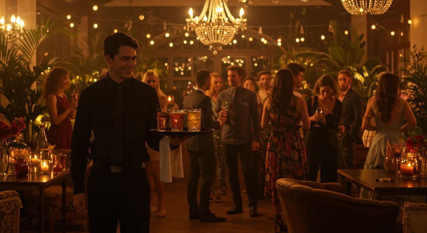 Garçom servindo bebidas em festa elegante no fim de semana