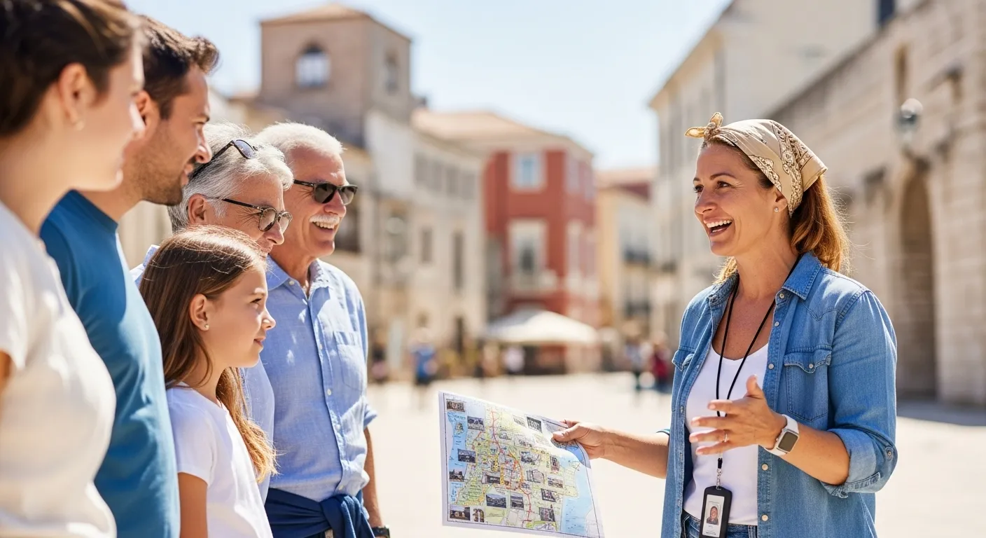 Guia apresentando ponto turístico para grupo de visitantes