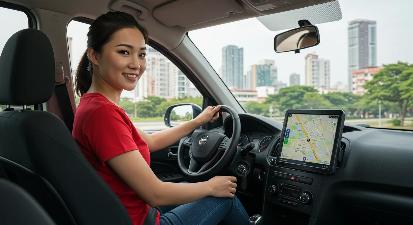 Motorista sorridente ao volante de carro limpo e moderno