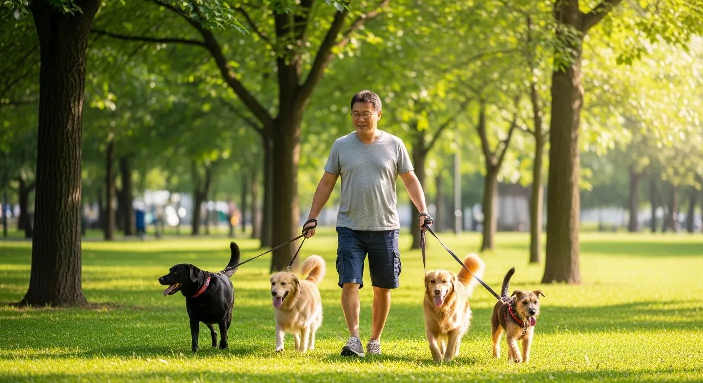 Pessoa passeando com cães em parque no fim de semana