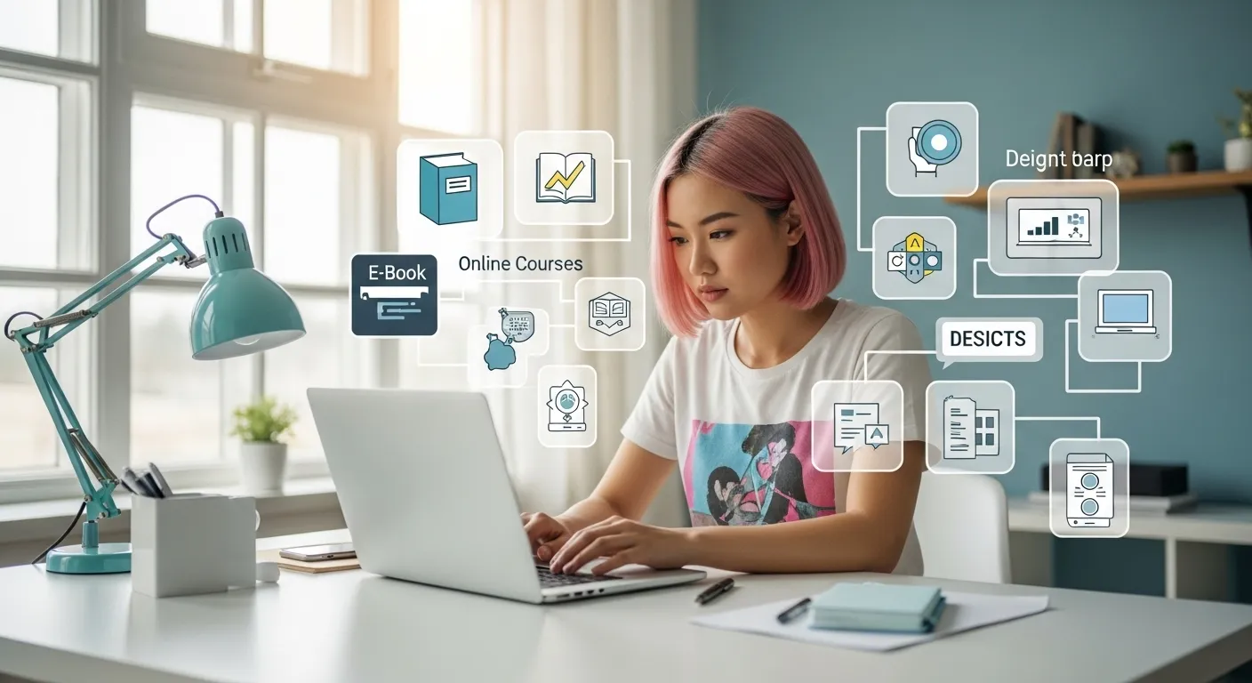Empreendedor criando produtos digitais como e-books e cursos online em um notebook