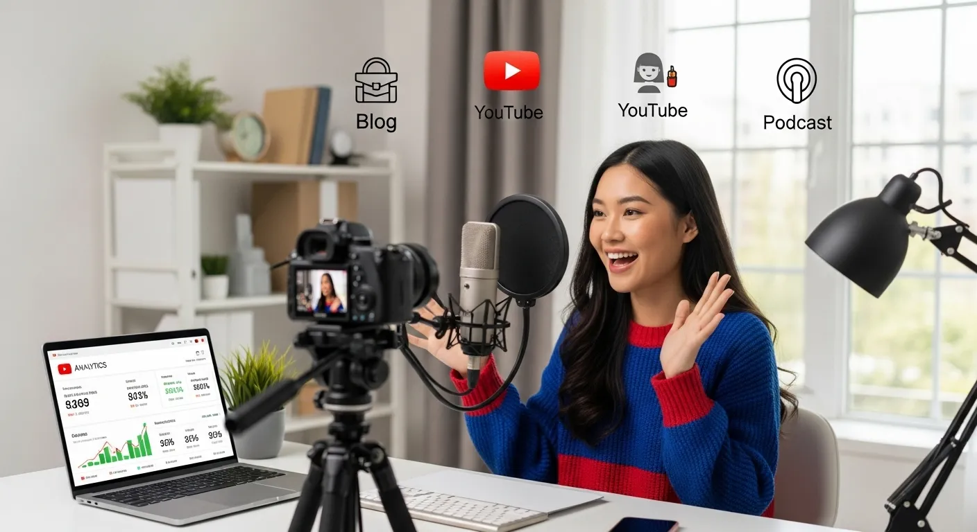 Pessoa gravando vídeo para YouTube com equipamentos e tela mostrando ganhos com conteúdo online