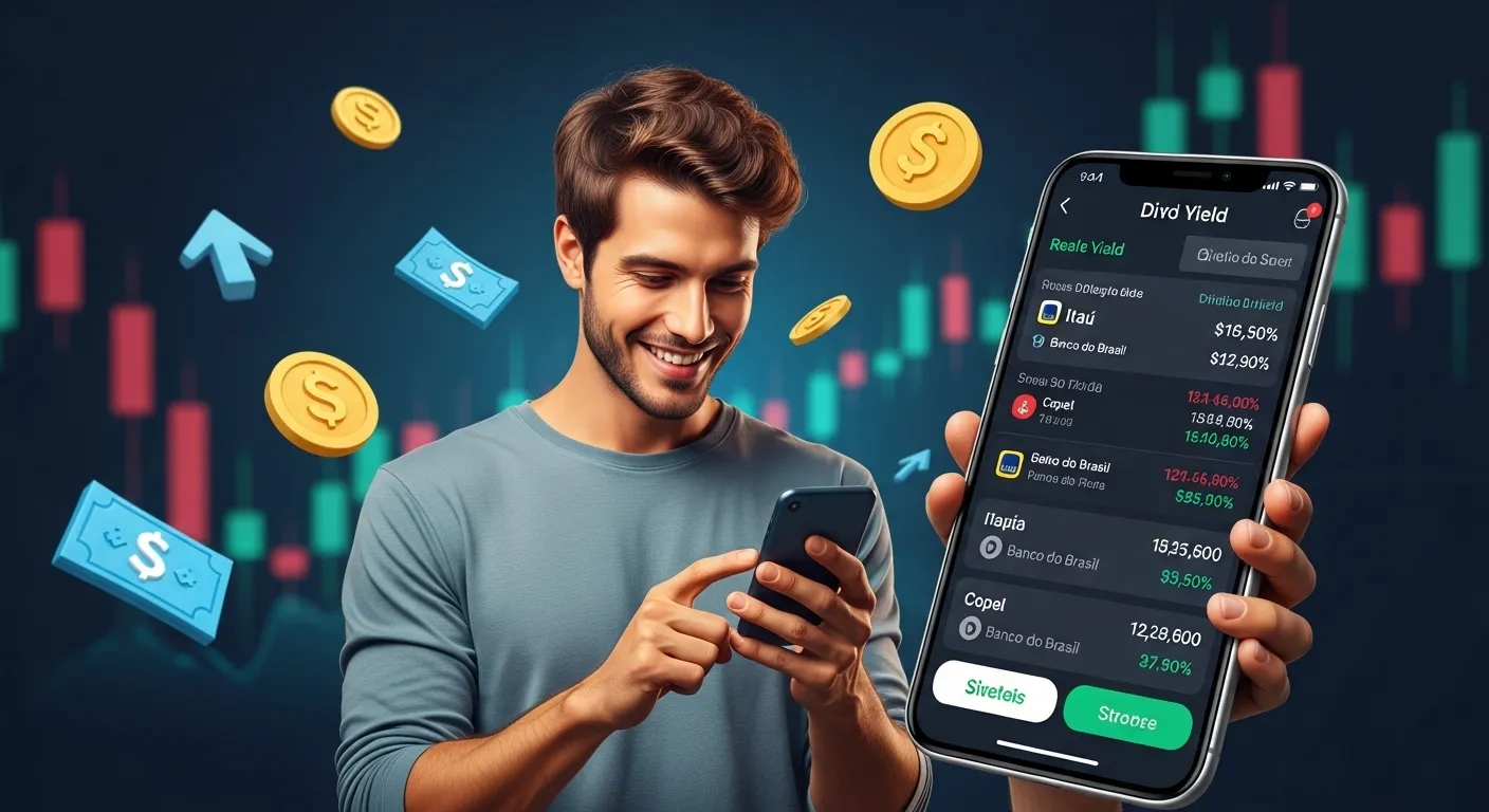Pessoa analisando ações que pagam dividendos no celular com gráficos e logos de empresas brasileiras