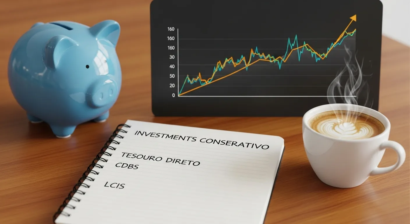 Mesa com caderno mostrando Tesouro Direto e CDBs, ao lado de um cofrinho e gráfico de crescimento