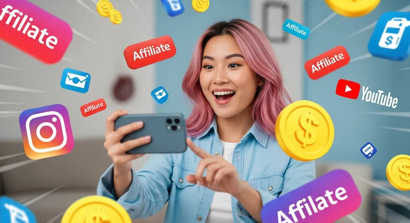 Criador de conteúdo usando celular para promover produtos e ganhar comissões como afiliado