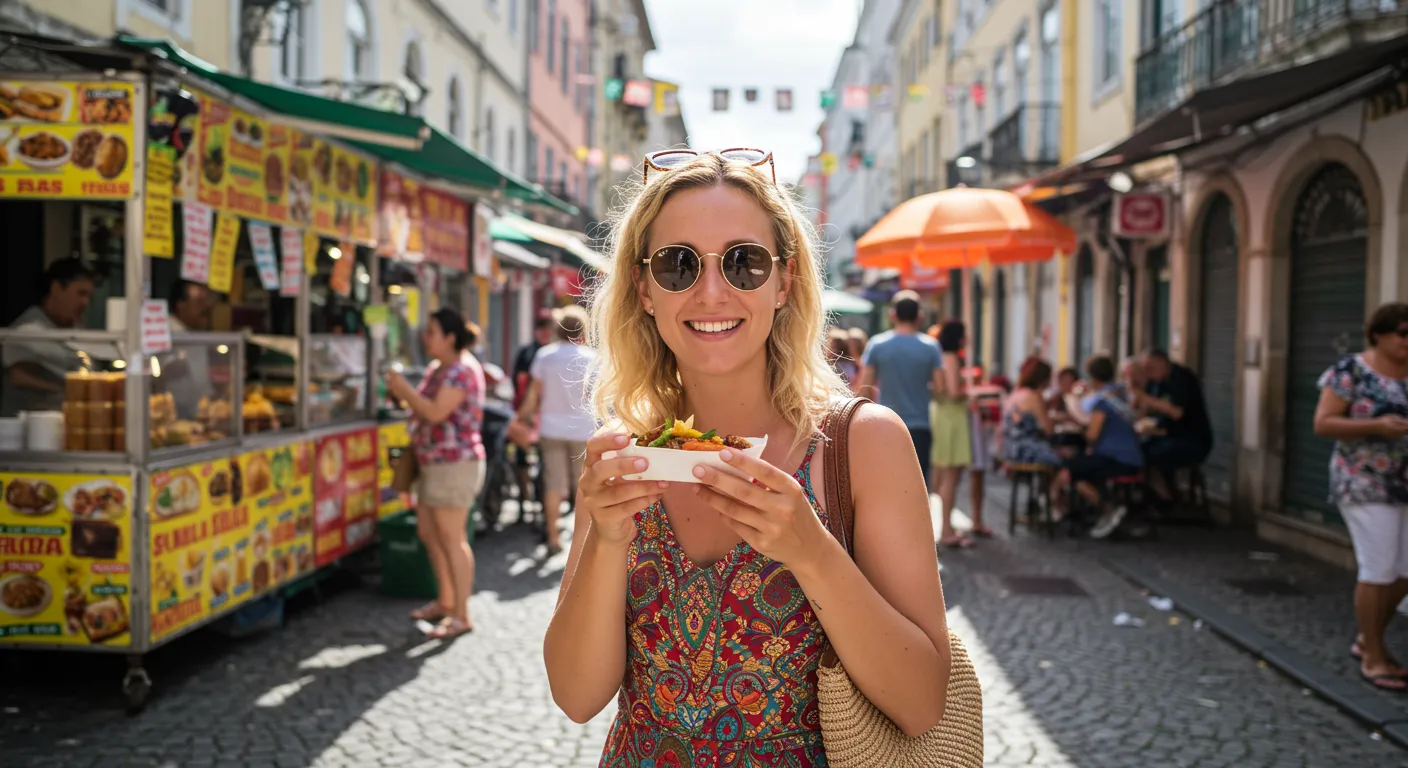 Turista comendo comida de rua durante a viagem de forma econômica