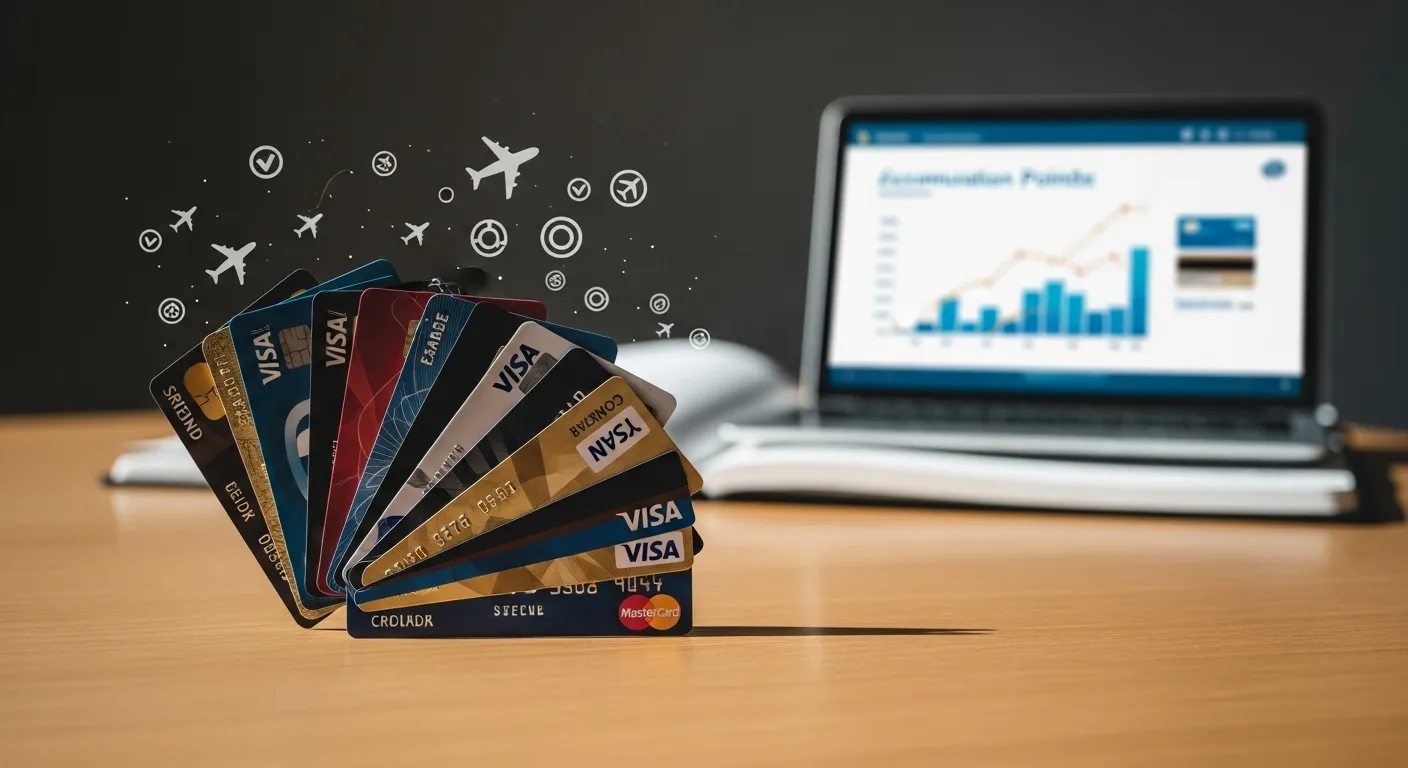 Cartões de crédito organizados em leque com ícones de avião representando os melhores cartões para acumular milhas para iniciantes