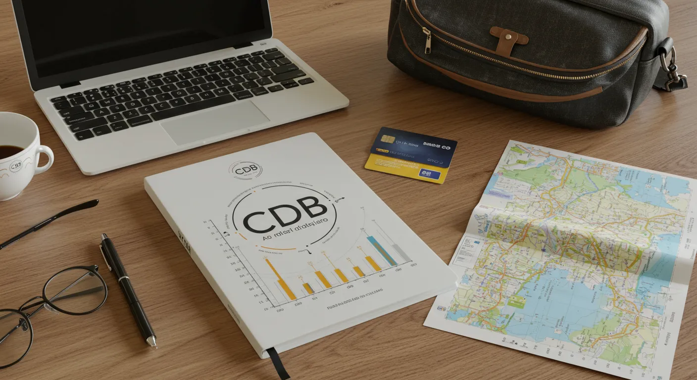 Notebook com gráfico de CDB e mala de viagem ao lado, simbolizando investimento com liquidez para viajar