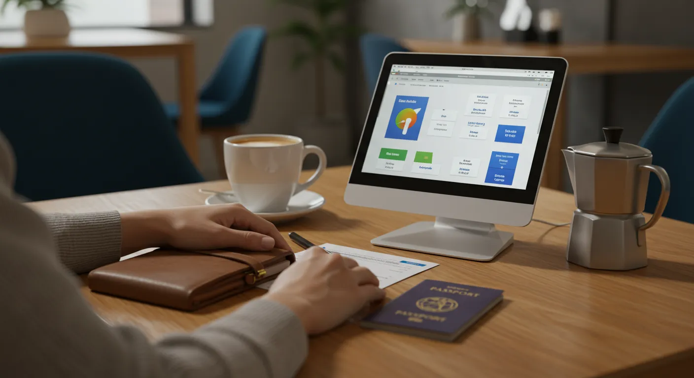 Celular com banco digital exibindo rendimento automático ao lado de mala e passaporte