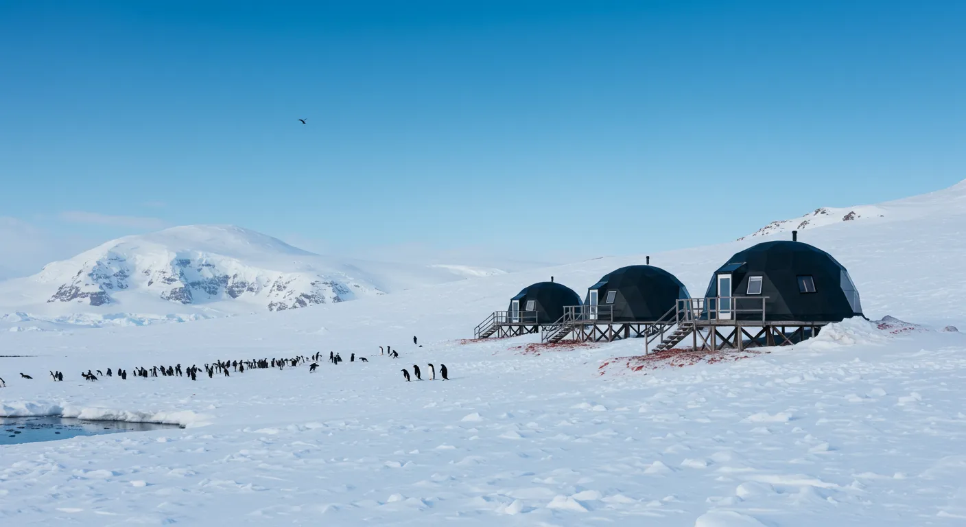 Paisagem da Antártida com resort de luxo exclusivo para turismo de elite em meio ao gelo