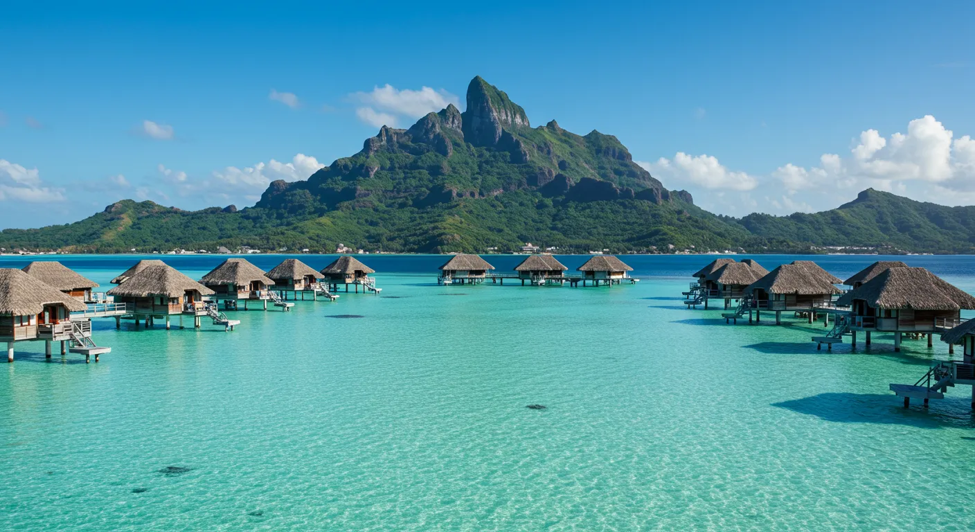 Bangalôs de luxo em Bora Bora sobre águas turquesa com montanhas ao fundo