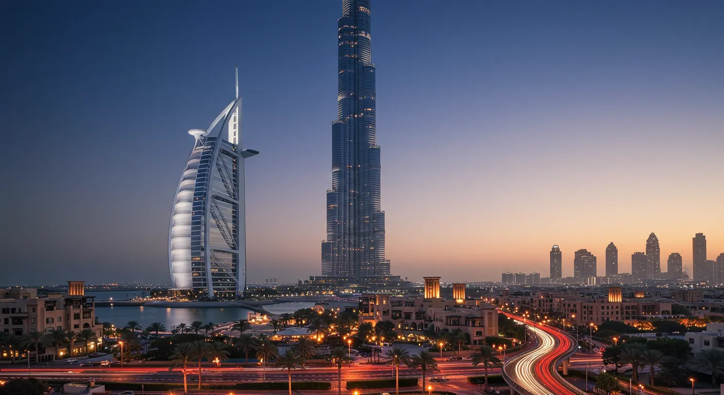 Horizonte de Dubai ao pôr do sol com o Burj Al Arab em destaque e arquitetura futurista
