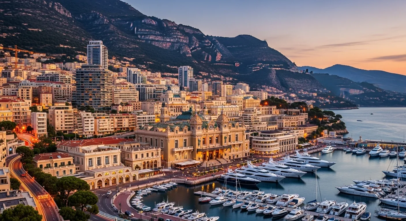 Vista panorâmica de Mônaco ao entardecer com marina de iates, prédios de luxo e montanhas ao fundo