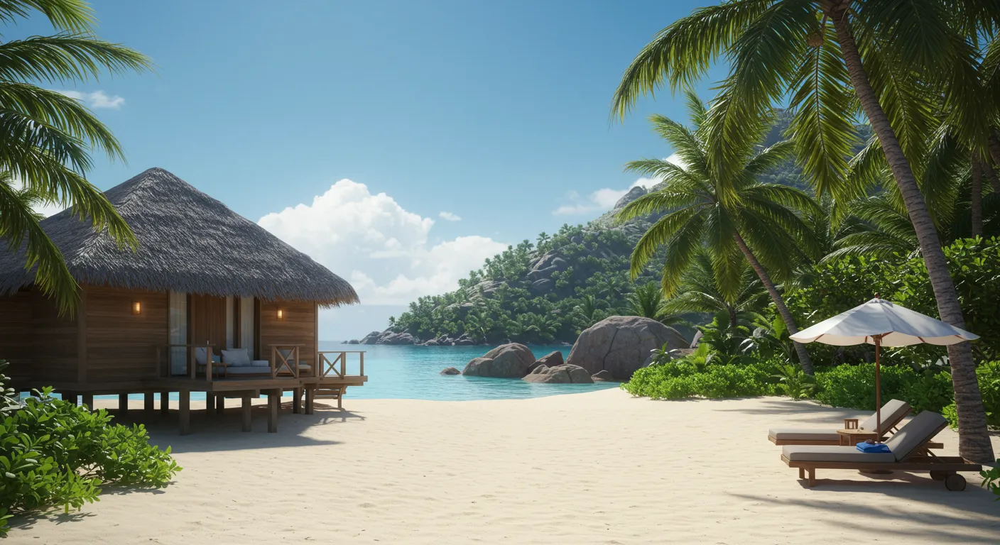Resort exclusivo nas Seychelles com praias privadas e vegetação tropical exuberante