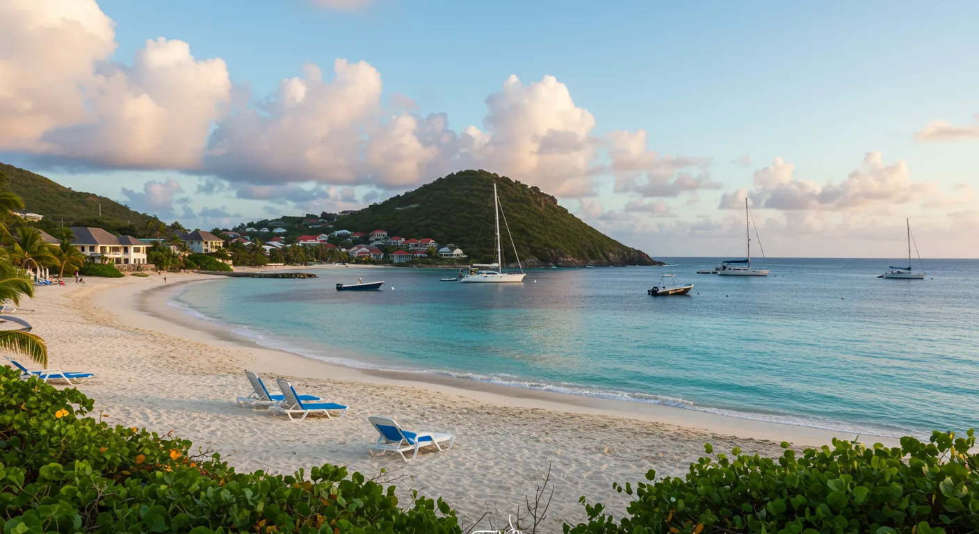 Praia exclusiva em St. Barthélemy com areia branca, águas cristalinas e villas de luxo integradas à natureza
