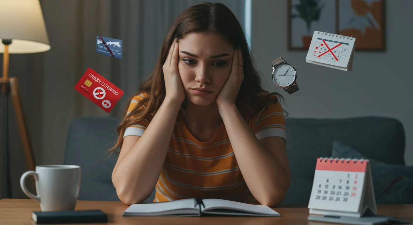 Pessoa confusa olhando para ícones de erro com milhas aéreas, como cartão bloqueado, vencimento de pontos e voo cancelado